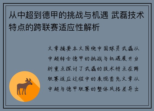 从中超到德甲的挑战与机遇 武磊技术特点的跨联赛适应性解析