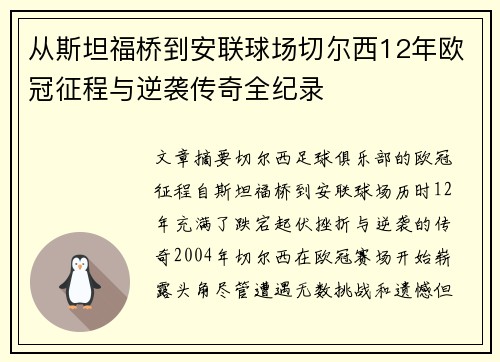从斯坦福桥到安联球场切尔西12年欧冠征程与逆袭传奇全纪录